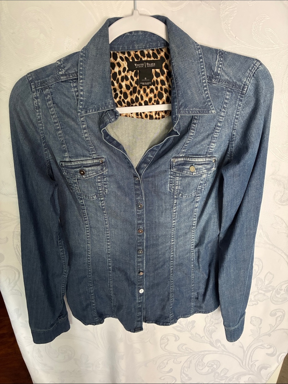 White House Black Market Denim Button-Front Jacket with Leopard Lining - Blue